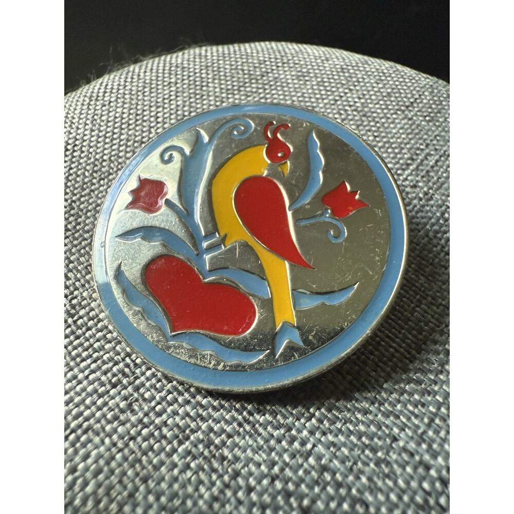 Vintage Pennsylvania Dutch Hex Sign Brooch Pendant Enamel Round Silver Tone - Picture 2 of 4